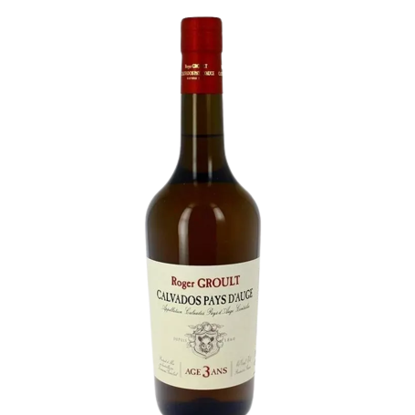 "Calvados Roger Groult", une bouteille de calvados doré en verre transparent ornée d'une étiquette distinctive avec le nom du producteur et le logo de la famille Groult.