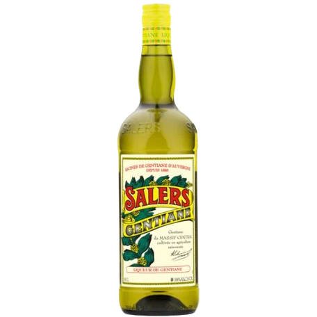 Bouteille de Salers a la liqueur de Gentiane. La bouteille est transparente et la lumière fait ressortir la couleur verte de cette liqueur.