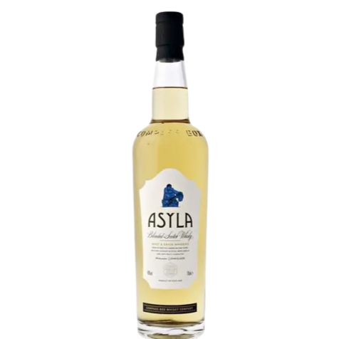 Bouteille élégante de whisky Asyla, avec son étiquette noire et dorée. Cette bouteille de whisky écossais dégage une aura de sophistication et de raffinement. Sa forme épurée et ses détails minutieux la rendent idéale pour un cadeau ou pour être fièrement exposée dans votre collection de spiritueux.